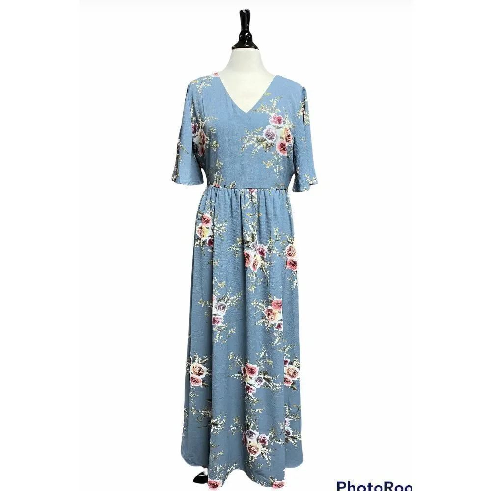 Ashley Le Mican Blue Floral Short Flutter Sleeve Maxi Dress Size XL NEW